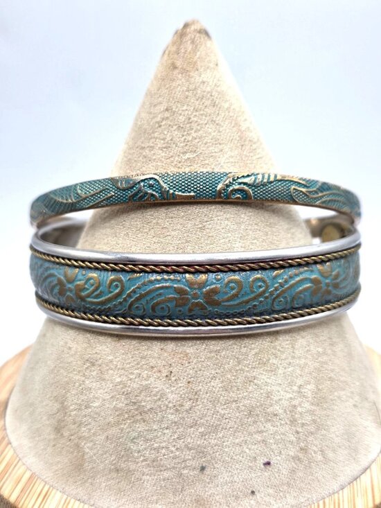 Vintage Boho Style Teal & Gold Etched Cuff And Bangle Bracelet Set With Floral P - Picture 1 of 4